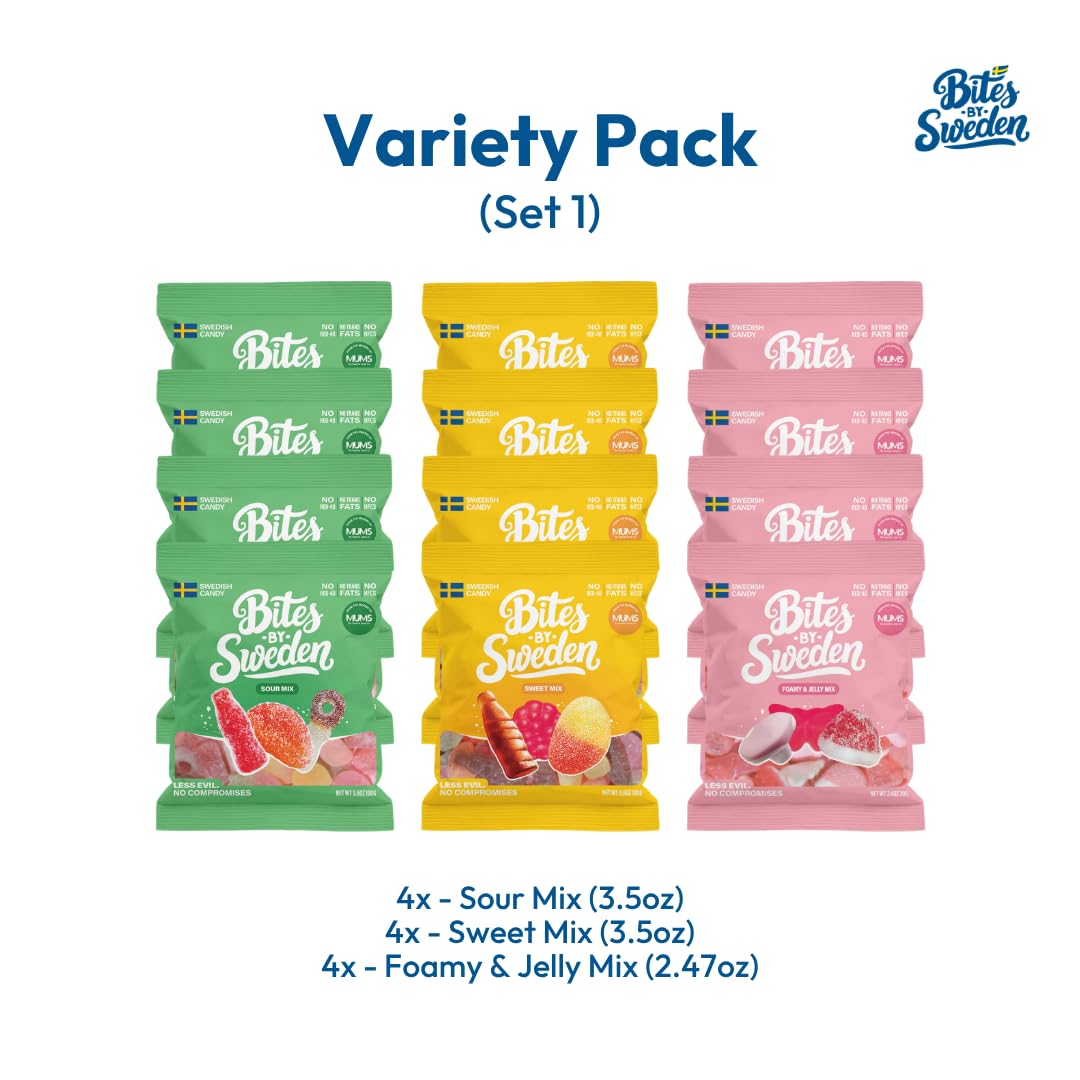 Bites By Sweden Swedish Candy Mix, Gummy Candy, No Trans Fat, No Red-40, No High Fructose Corn Syrup, 3.5oz, 12 Bags (Small, Variety Pack)