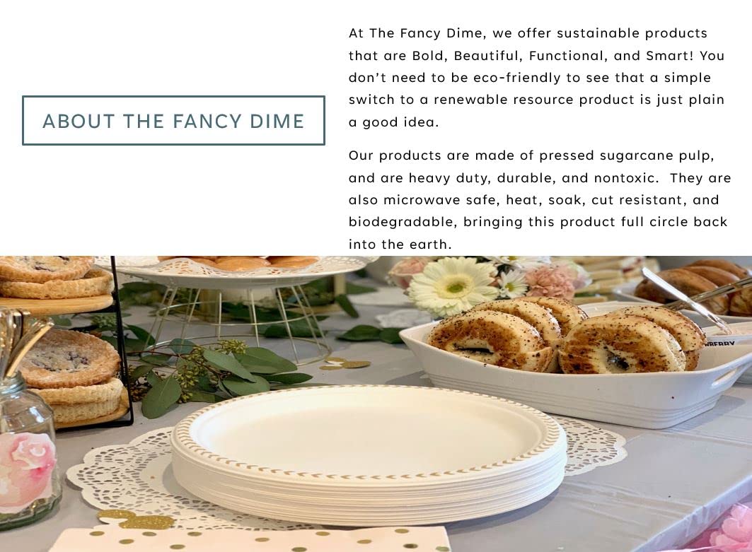 The Fancy Dime Disposable Plate: Heavy Duty Elegant Eco Friendly Compostable Paper Plates (50 Count), Tree Free Sugarcane Bagasse Plate with Color