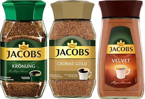 Jacobs Kronung, Cronat Gold, & Velvet Instant Coffee 7oz/200g each (3 Total Jars)