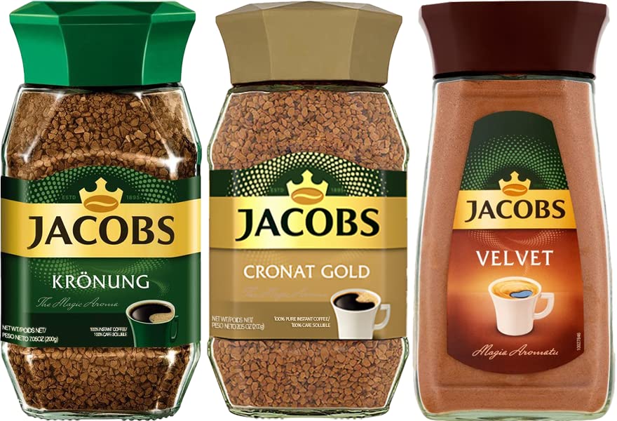 Jacobs Kronung, Cronat Gold, & Velvet Instant Coffee 7oz/200g each (3 Total Jars)
