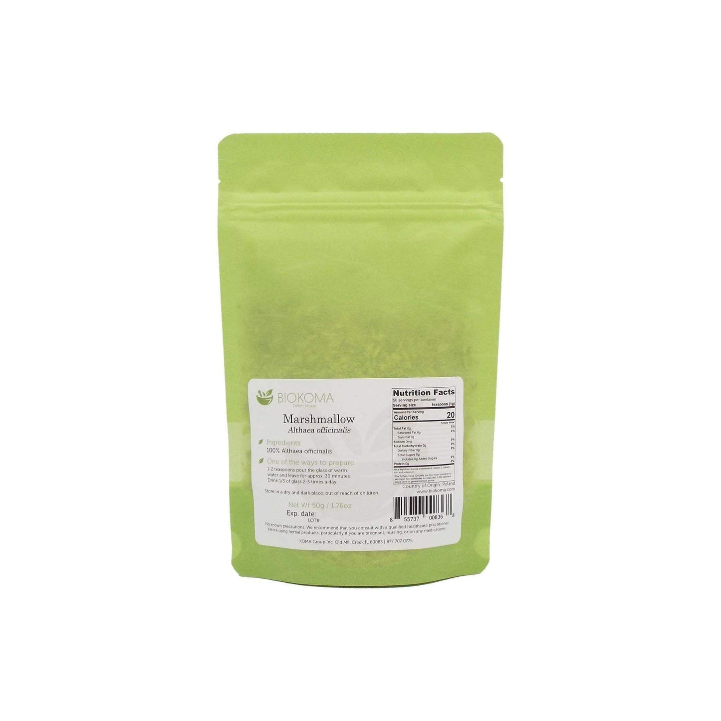 Biokoma Marshmallow Dried Root 50g 1.76oz Cut & Sifted Pure Althaea Officinalis Herb Digestion Respiratory Throat Support Herbal Tea Resealable Pouch