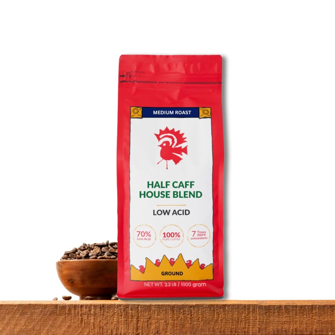 Puroast Low Acid Coffee Half Caff | Half Caff House Blend Ground | Medium Roast | High Antioxidants & High pH |No Bitter Aftertaste | Reduced