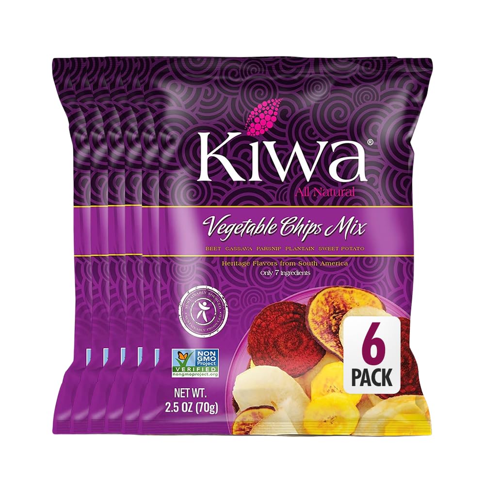 Kiwa Vegetable Chips Mix 6-Pack - Gluten-Free, Vegan, Kosher, Non-GMO Snack - Made with Cassava, Parsnip, Sweet Potato, Plantain & Beetroot - 2.5oz