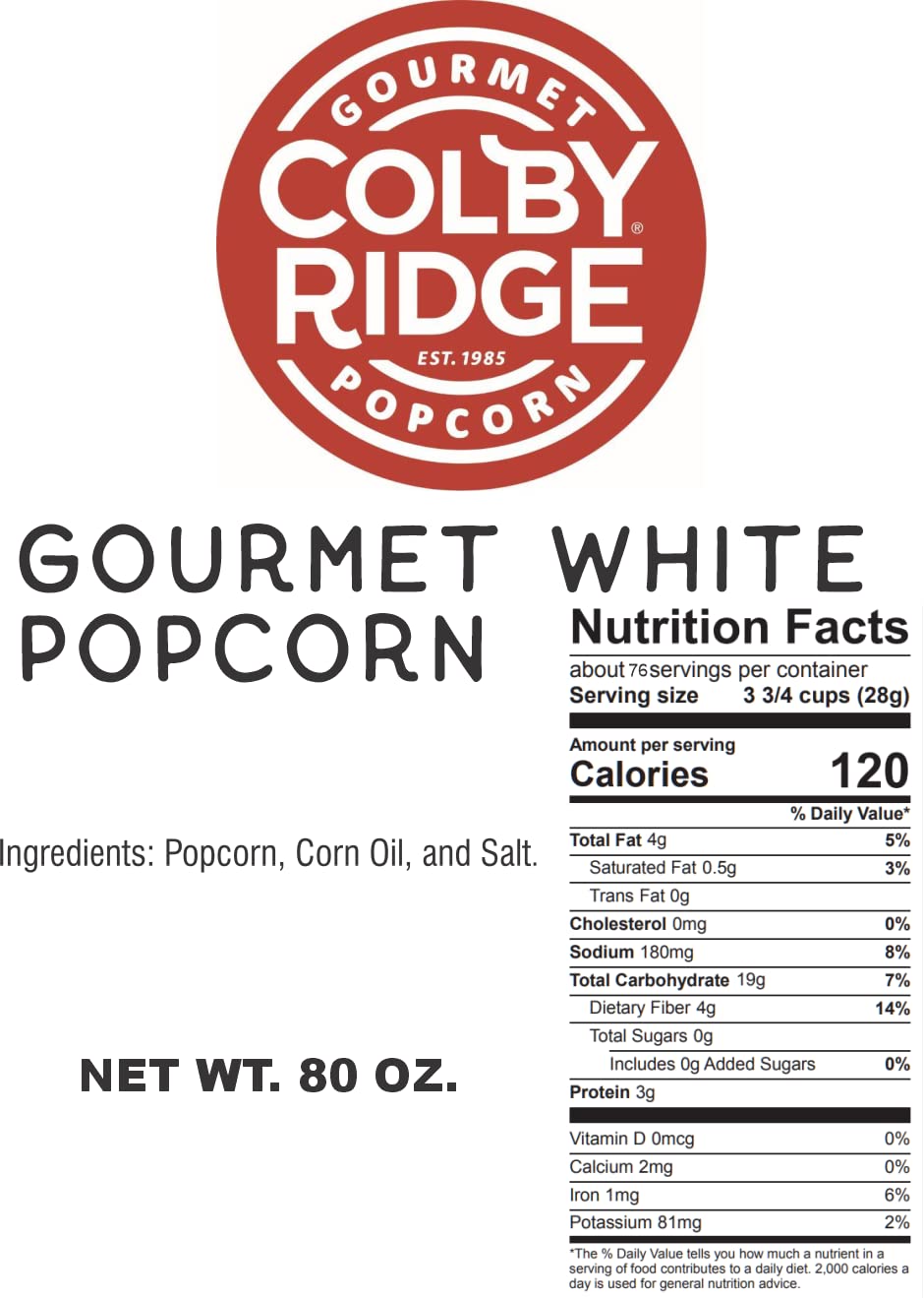 Colby Ridge Fluffy White Gourmet Craft Popped Gluten Free Popcorn Bulk Sized Large Gift Bash Bags (Bulk 18 Gal. 288 Cups.) (Fluffy White)