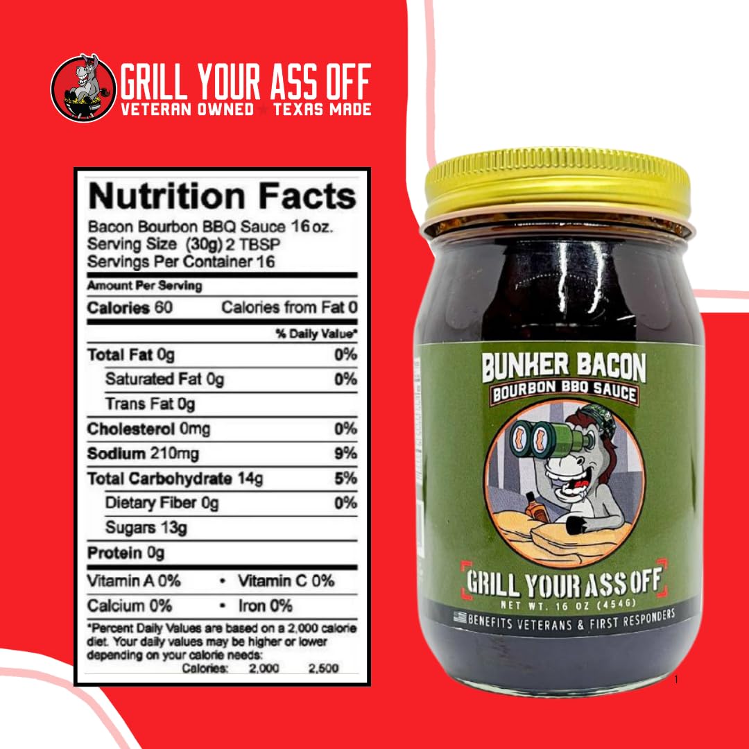 Grill Your As* Off Bunker Bacon Bourbon BBQ Sauce - 16oz Sweet, Smoky & Savory Barbecue Sauce for Beef, Ribs, Chicken & Pork - Gourmet Grilling