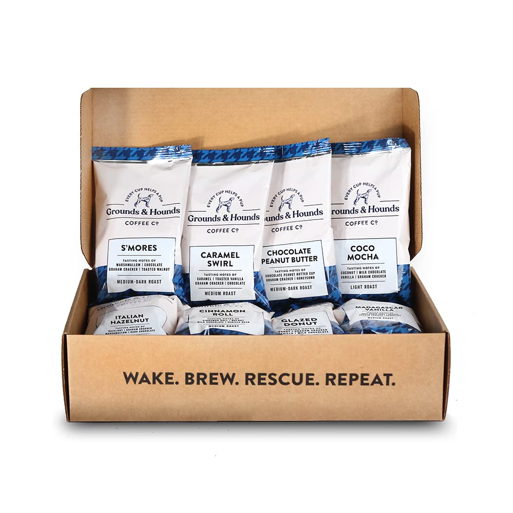 Grounds & Hounds Eight Flavored Coffee Blend Sample Kit - 100% Organic Coffee Grounds, Coffee Frac Pack, Ground Coffee Variety Pack, Includes Eight