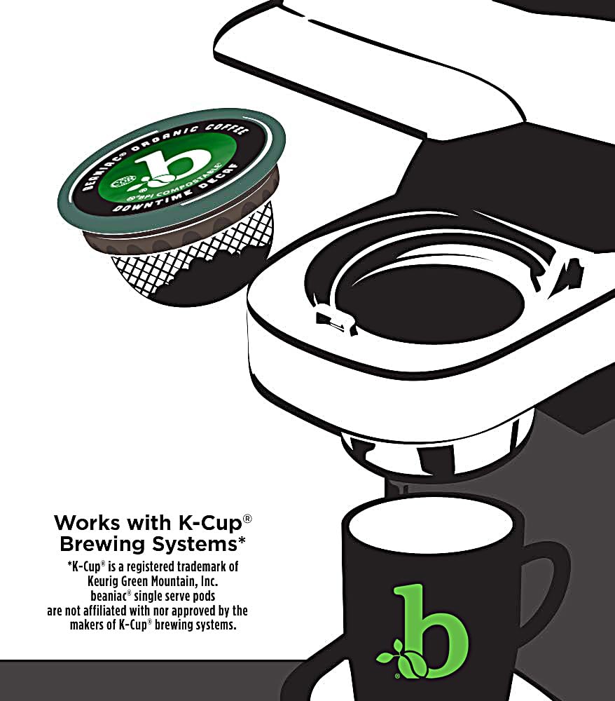 beaniac Organic Downtime Decaf Swiss Water Decaffeinated, Medium Roast, Single Serve Compostable K Cup Coffee Pods, Organic Arabica Coffee, Keurig