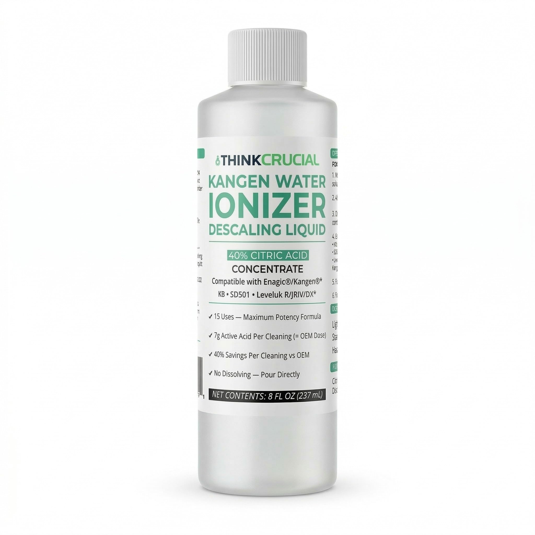 Think Crucial Water Ionizer Descaling Liquid - 40% Citric Acid, 15 Uses - Compatible with Enagic's Ionization Machines, K8, SD501, Leveluk - No