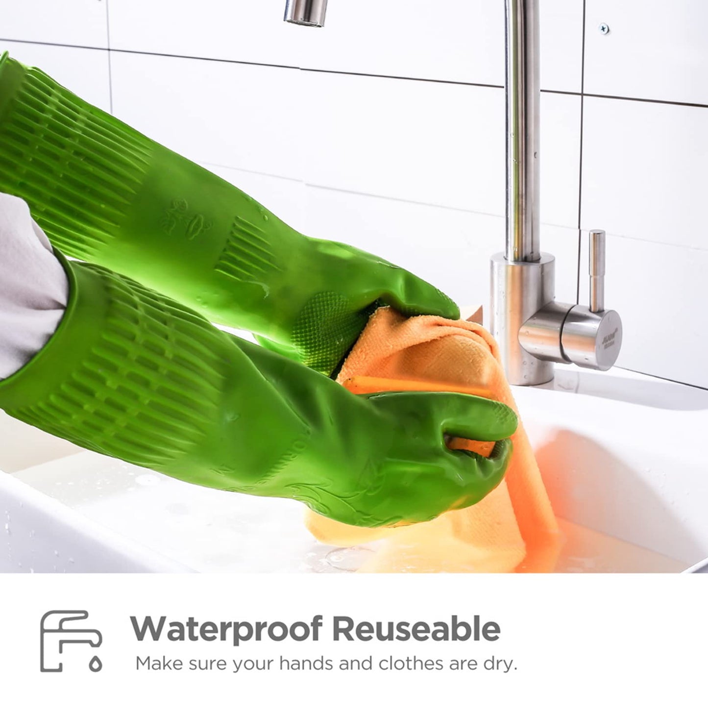 IUCGE Dishwashing gloves 2 Pairs for kitchen,Rubber cleaning gloves,Long dish gloves reuseable.(Small,Green)