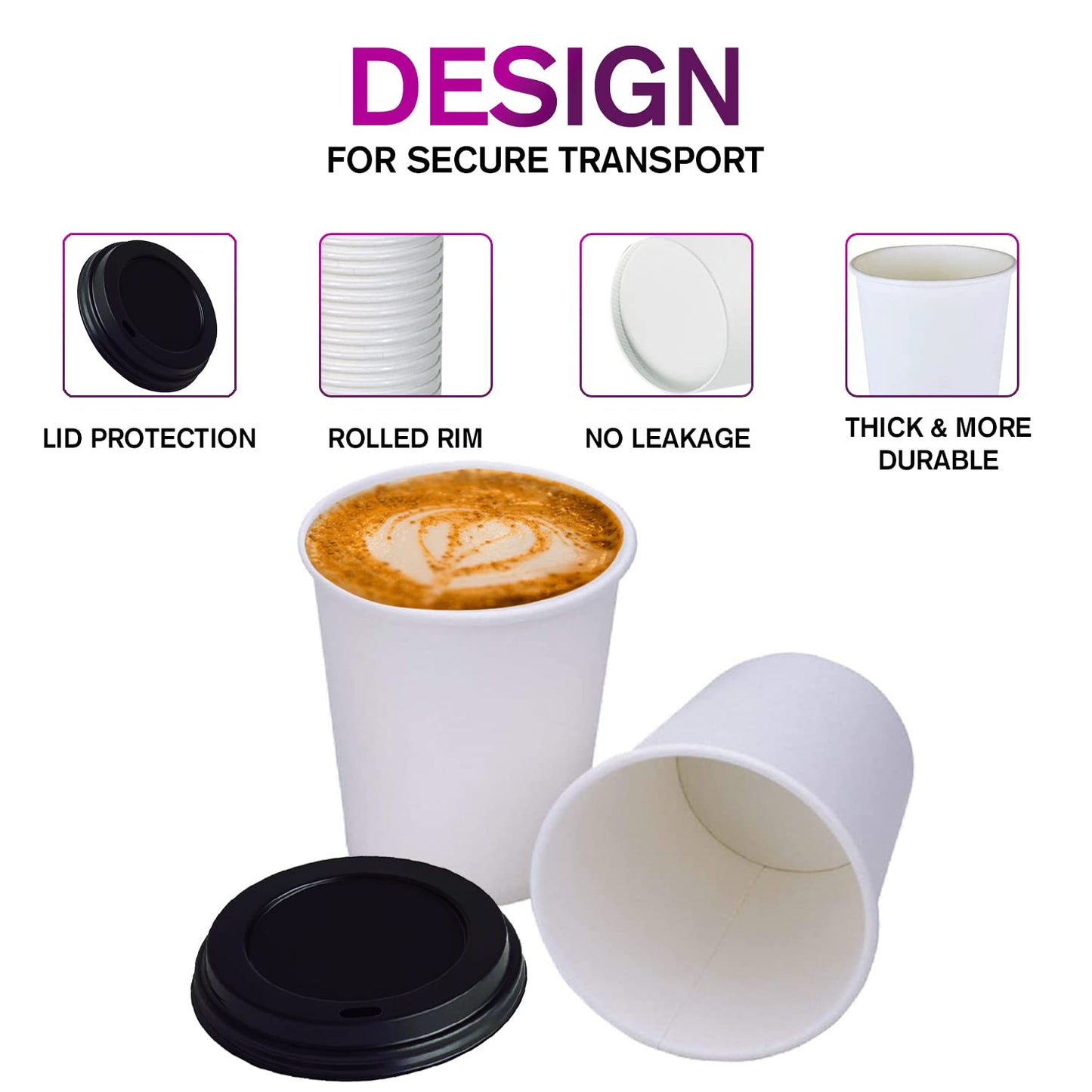 Smygoods White Original Disposable Paper Coffee Cups with Lids (12 OZ, 100 Count) For Hot Beverages, Tea, Espresso, Cocoa - To Go Drink Containers