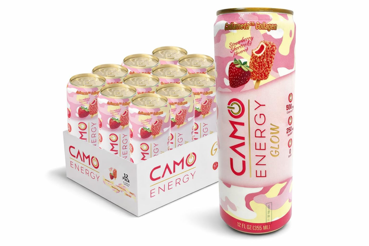 CAMO Energy Glow Strawberry Shortcake, 200mg Natural Caffeine, Collameta® Collagen Peptides, InnoSlim®, Zero Sugar, 12oz Cans, 12 Pack