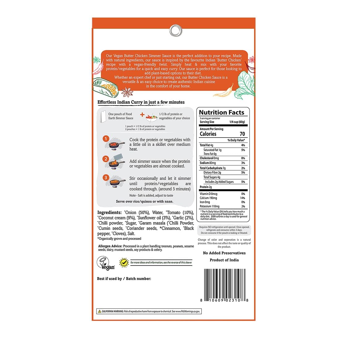 Food Earth Indian Simmer Sauce - Butter Chicken - Organic, Vegan, Gluten-Free, GMO-Free - Microwavable Cooking Sauce - 12 Pouches (5.29 oz Each)