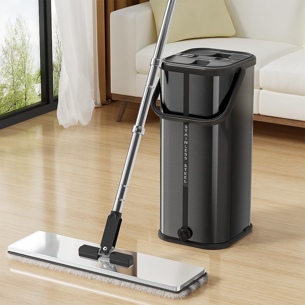 SWIFTIRON Flat Mop and Bucket for Home with Extra Refills, Stainless Steel Mop and Bucket with Wringer, Hands-Free Mop, Wet and Dry Use Mop with Long