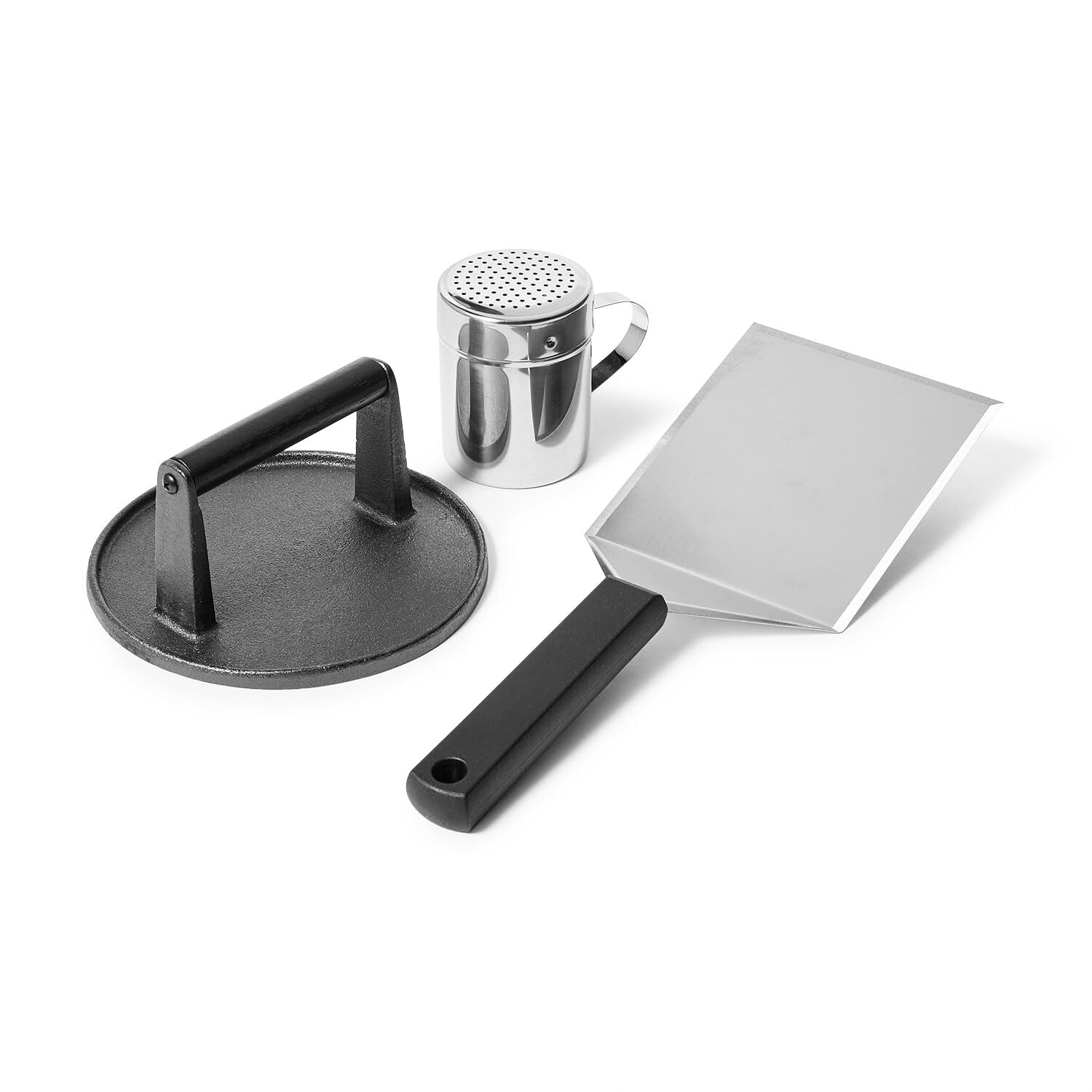 Sur La Table Smash Burger Kit - Heavy Cast Iron Press for Crispy Crust Patties, Oversized Beveled Spatula, Spice Shaker, 2 Recipe Cards - Premium