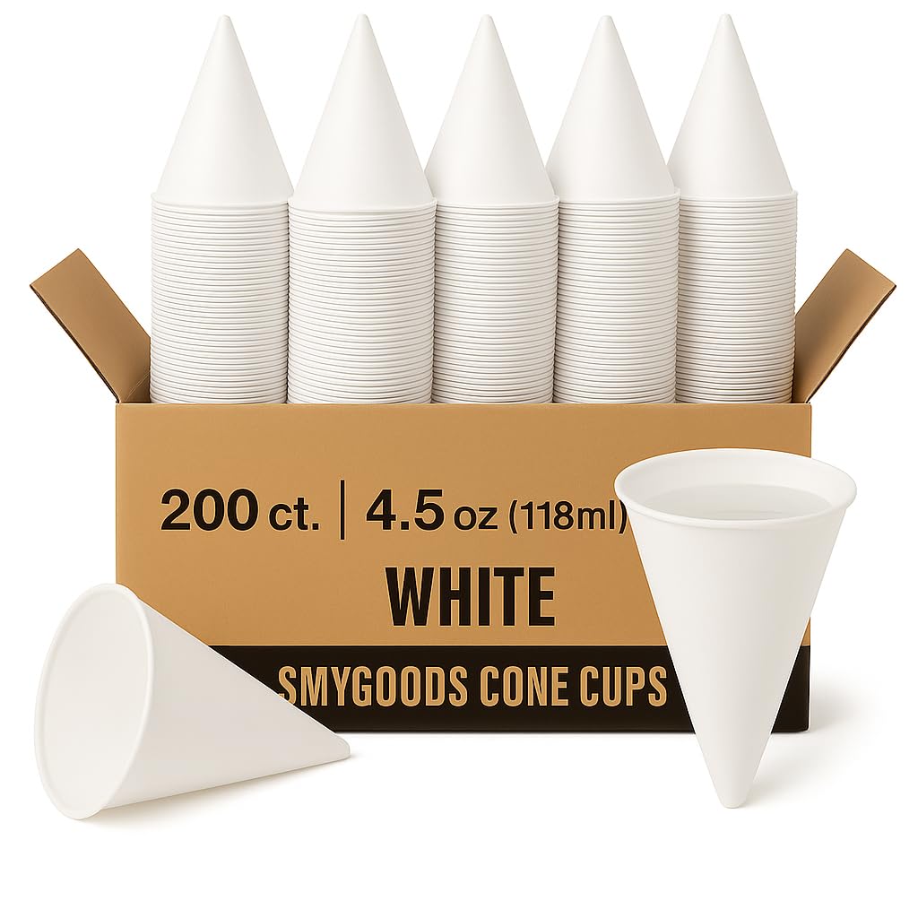 Smygoods Disposable White Paper Cone Cups (Pack of 200-4.5 oz) Eco-Friendly, Leak-Proof, Ideal for Events, Water Coolers, Quick Hydration & Efficient