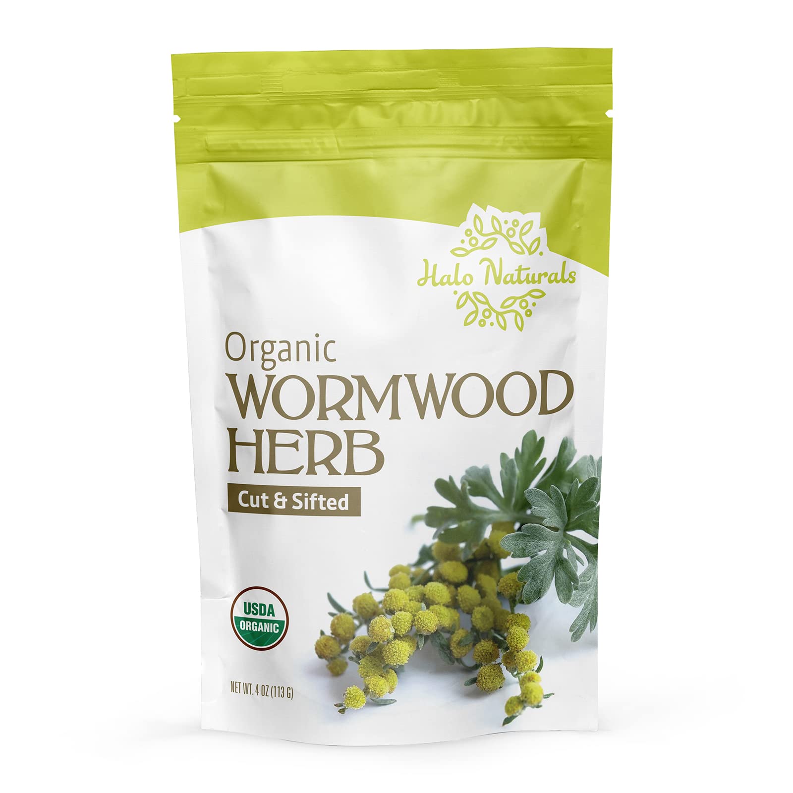Halo Naturals Organic Wormwood Herb Cut & Sifted, 4 Ounces (Artemisia Absinthium) USDA Certified Wormwood Tea | Non-GMO | Vegan| Resealable Pouch|
