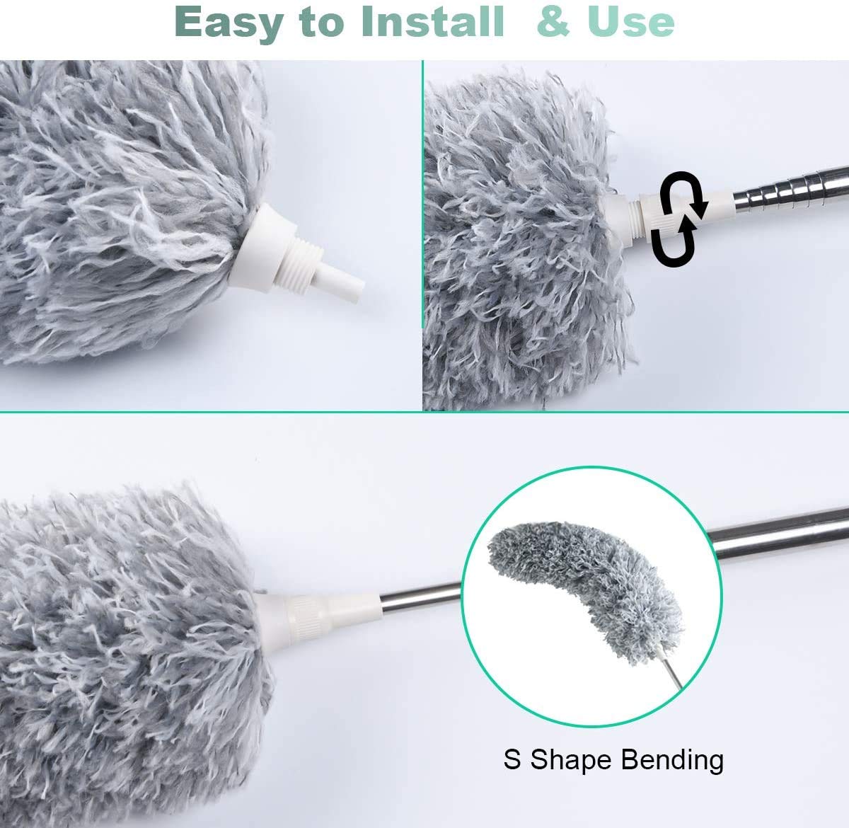 Microfiber Duster for Cleaning with Telescoping Extension Pole 100 Inch, Washable Bendable Head Duster Cleaner for Cleaning High Ceiling, Keyboard