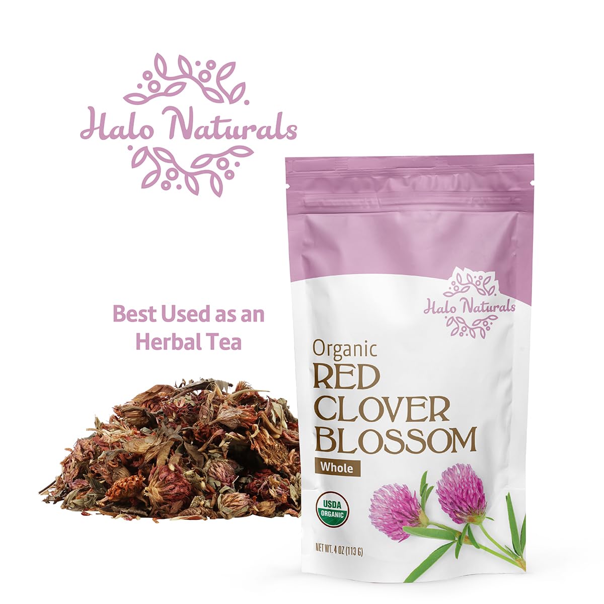 Halo Naturals Organic Red Clover Blossom Whole, 4 Ounces (Trifolium pratense) USDA Certified | Resealable Pouch| Packaged in The USA (Pack of 1)