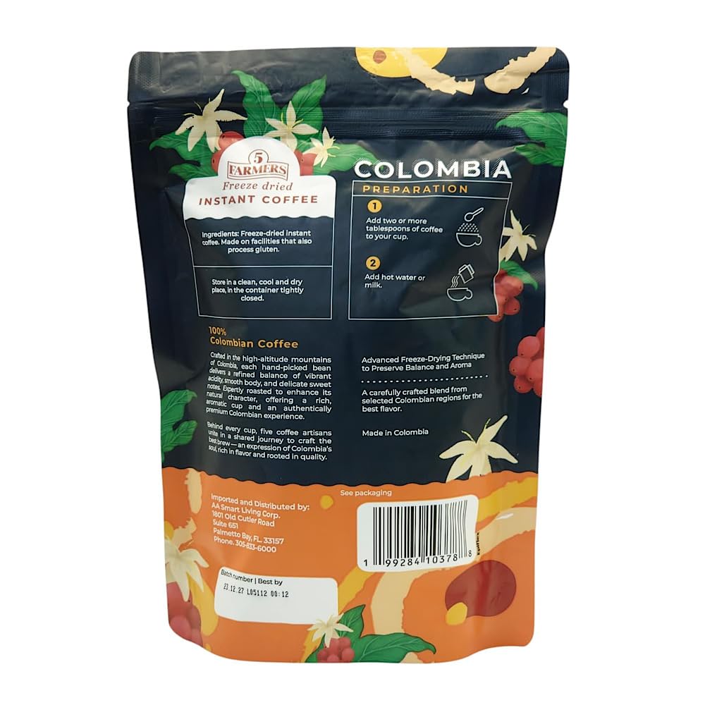 5 Farmers Premium Colombia Instant Coffee, Freeze Dried, 100% Colombian Arabica Beans, Medium-High Roast, 7.05 oz (200g) (PACK OF 1)
