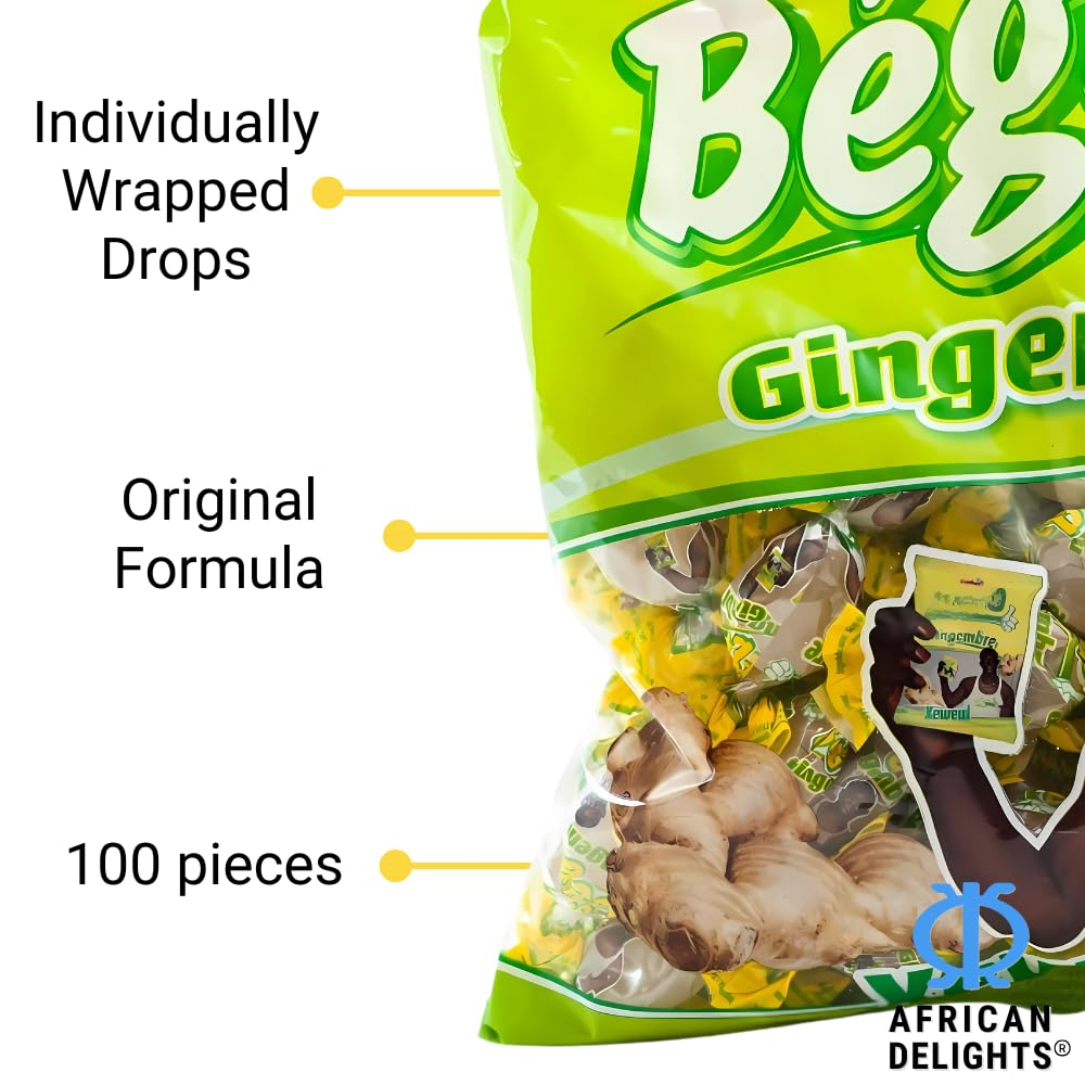 African Delights Begue Ginger Candy, Individually Wrapped Sweet and Spicy Ginger Candy (Pack of 100)