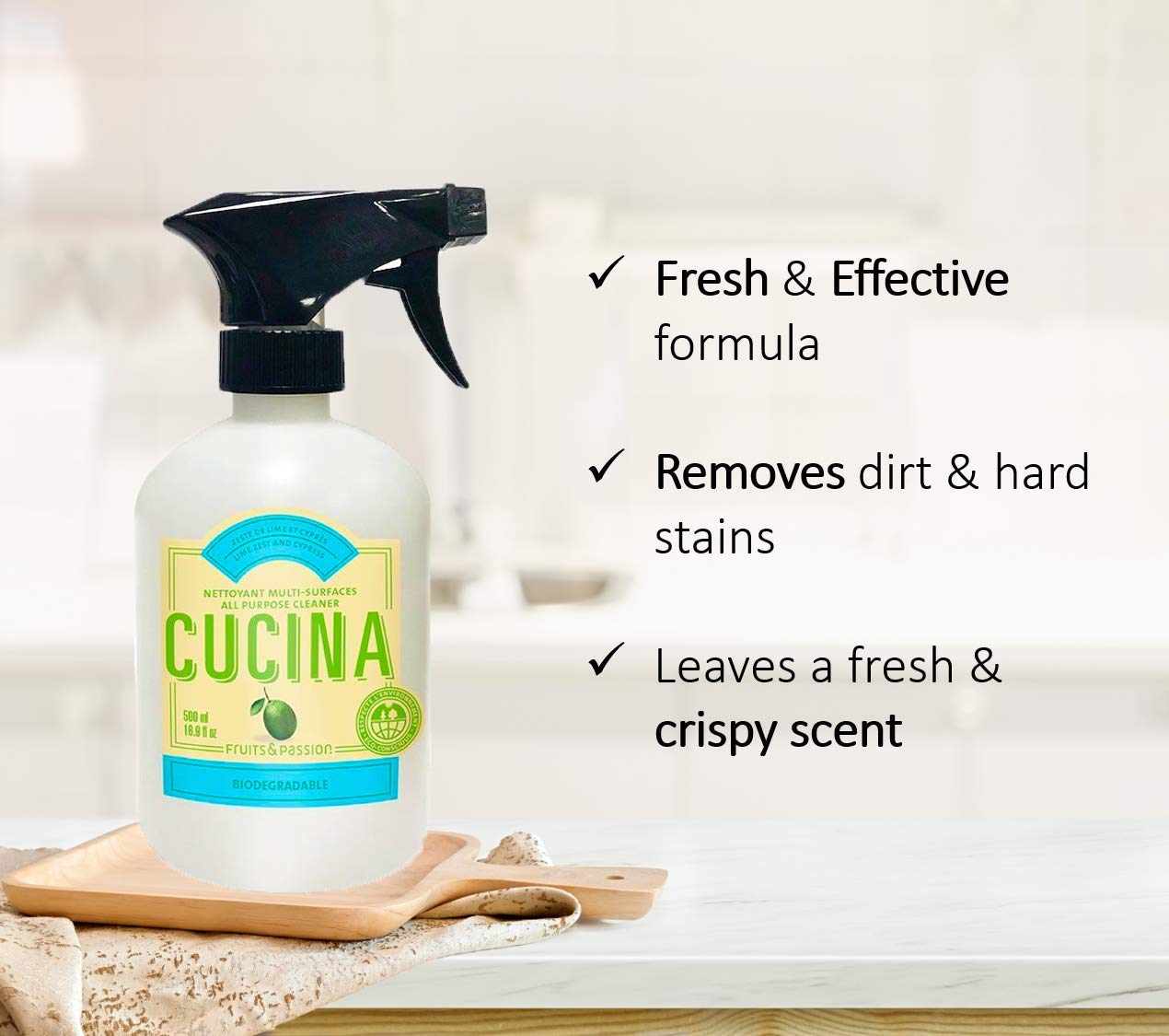 Fruits and Passion Cucina Biodegradable Water Based All Purpose Cleaner Household Multi-Surface Spray Bottle Cleaner 500 Milliliter (Lime Zest