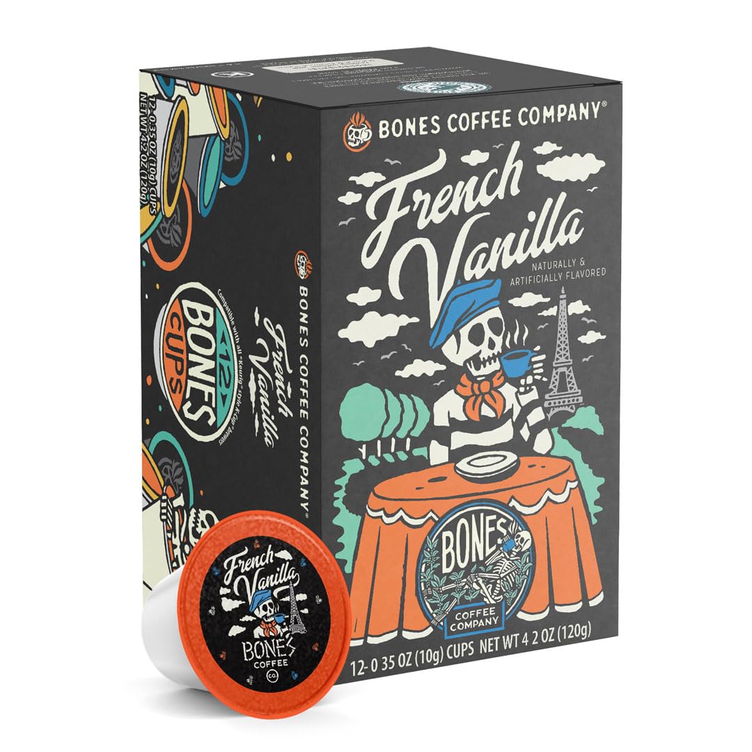 Bones Coffee Company Flavored Coffee Bones Cups French Vanilla Flavored Pods | 12ct Single-Serve Coffee Pods Compatible with Keurig 1.0 & 2.0 Keurig