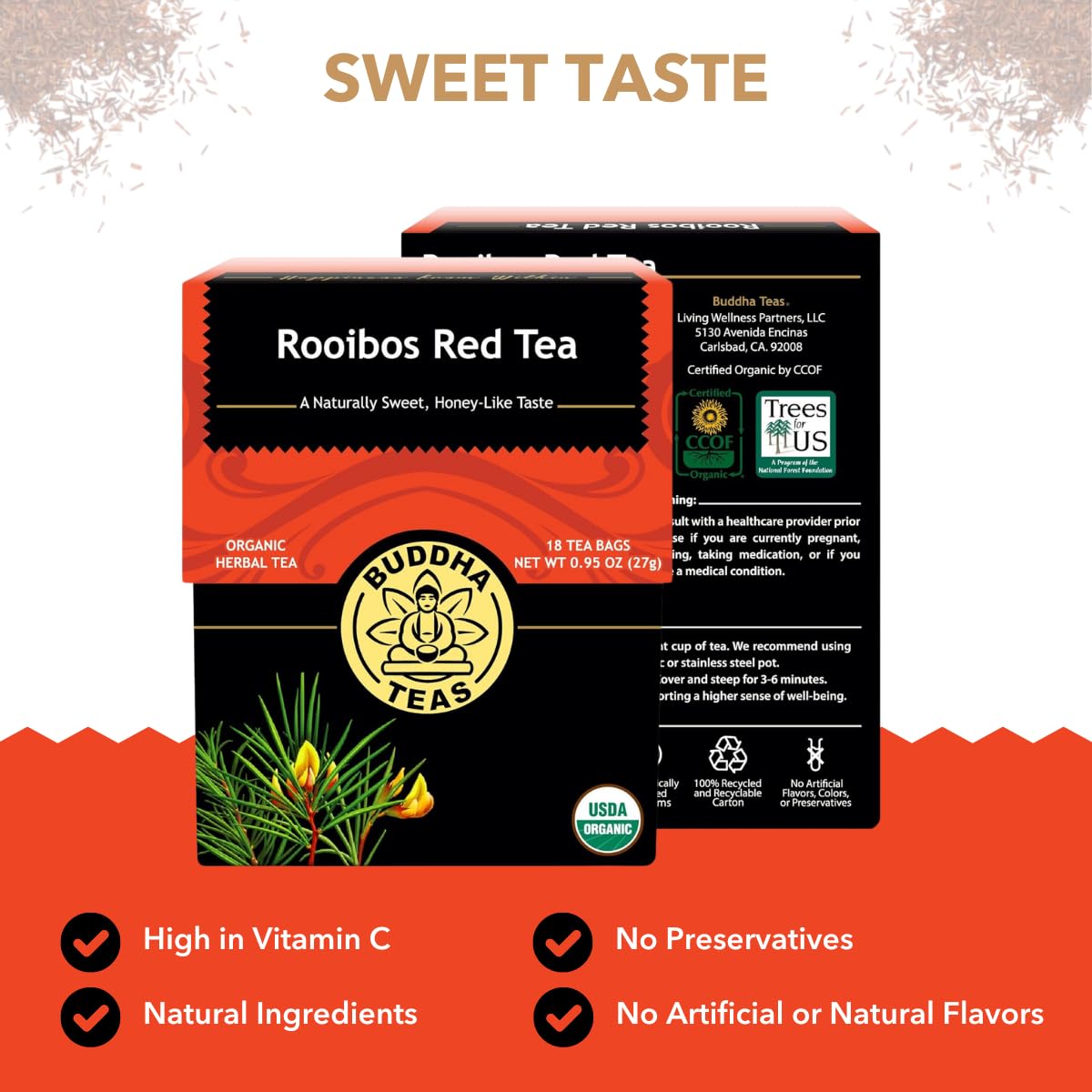 Buddha Teas - Rooibos Red Tea - Organic Herbal Tea - For Digestive Health - Rejuvenate & Support - Caffeine Free - 100% Kosher & Non-GMO - 18 Tea Bags