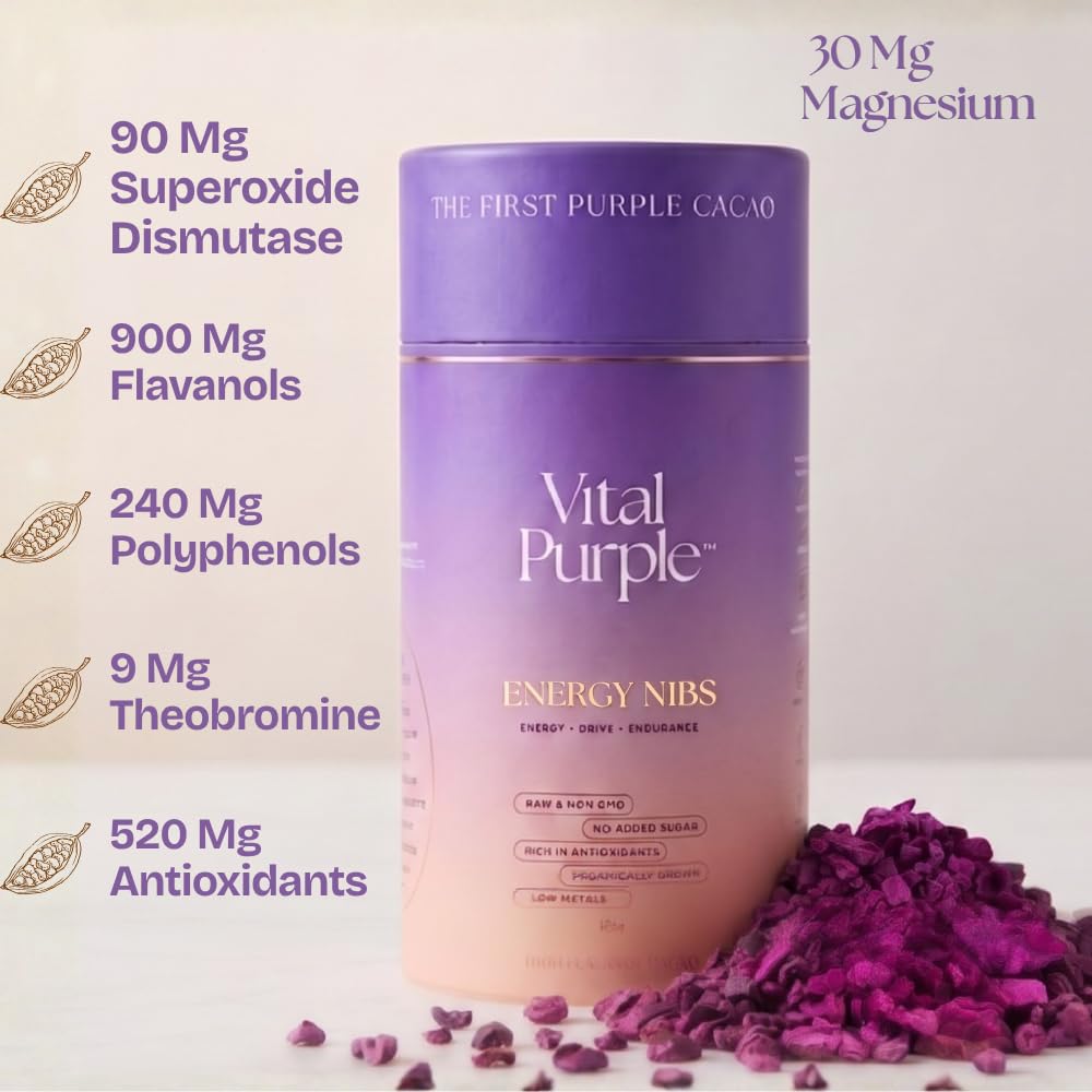Vital Purple High Flavonal 100% Raw Cocoa Energy Nibs - 900mg Flavanols, Purple Cacao, Unroasted & Unfermented - Clean Fuel for Performance & Recovery (10 oz)