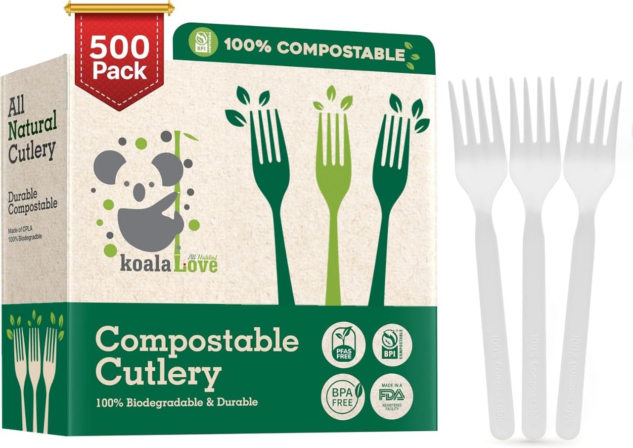 100% Compostable Forks 500 Large biodegradable Disposable Compostable Cutlery Silverware Utensils durable and heat resistant alternative to plastic