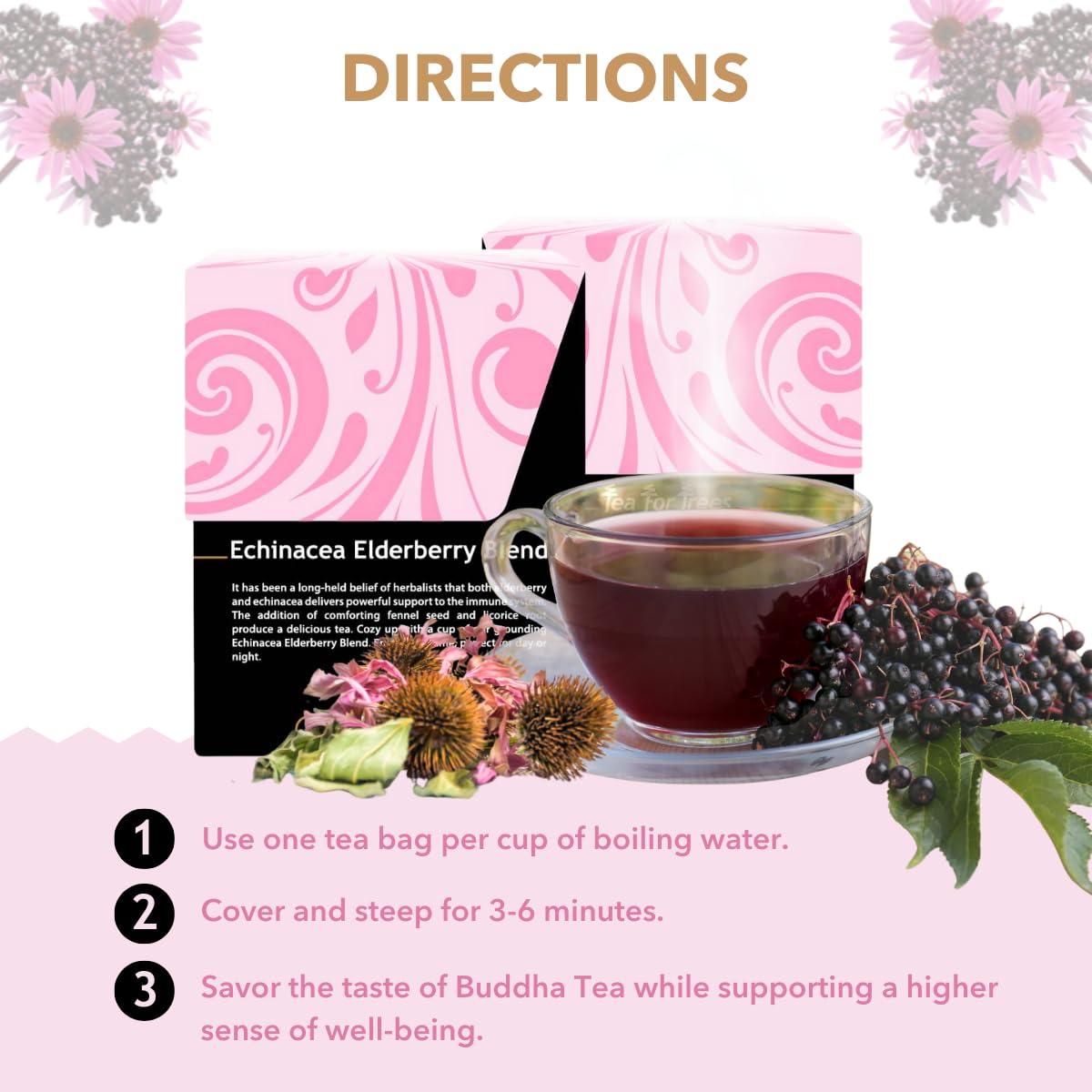 Buddha Teas - Organic Echinacea Elderberry Blend - Herbal Tea - For Health & Wellbeing - With Antioxidants & Minerals - Clean Ingredients - No