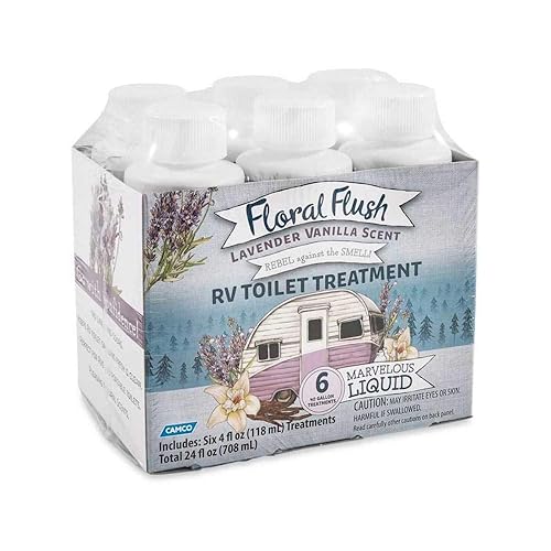 Camco 41480 Floral Flush RV Toilet Treatment Singles, Lavender Vanilla Scent - Eliminates Odors and Breaks Down Waste - Each Bottle Treats Up