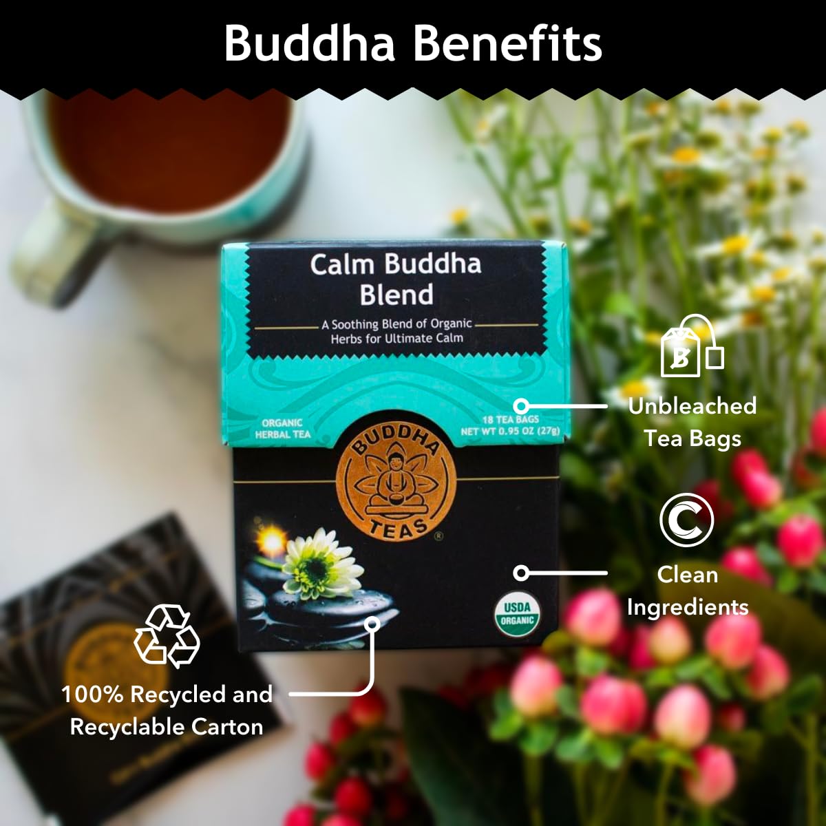 Buddha Teas - Calm Buddha Blend - Organic Herbal Tea - For Health & Wellbeing - Blend of Organic Herbs - Clean Ingredients - Caffeine Free - OU Kosher