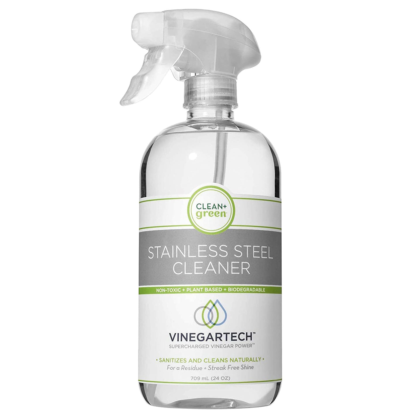 Clean+Green VinegarTech Stainless Steel Cleaner to Remove Residue, Fingerprints and Smudges, 24 Fl Oz - Eco-Friendly, Plant-Based Vinegar Spray