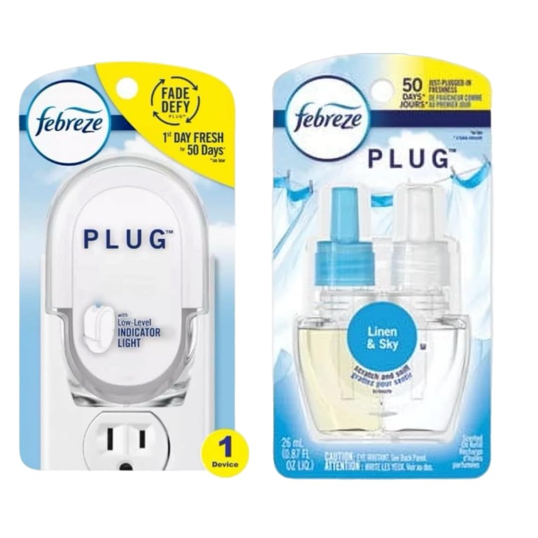 Febreze Odor-Fighting Fade Defy Plug Air Freshener -Linen and Sky, 0.87 oz- 0.87 fl oz/ 1 Count + Starter Kit