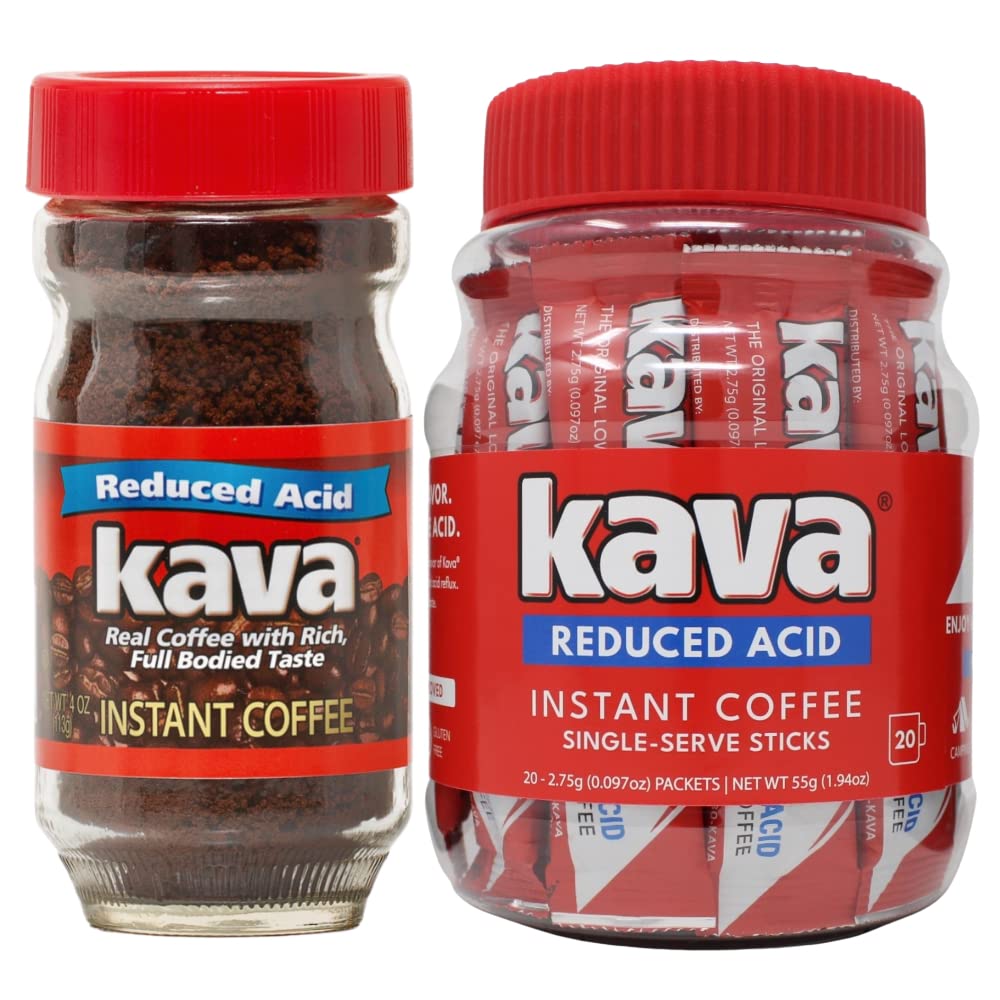 Kava Low Acid Instant Coffee Gift Set, 4 Ounce Glass Jar & 20 Single Serve Stick Packets for On-The-Go & Travel