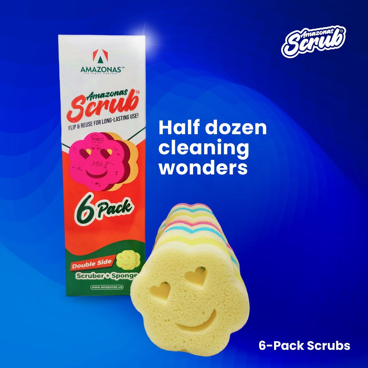 6 Double Side, Amazonas Scrub, Your New Cleaning Essential! This 6-Pack of Double-Sided Scrubber and Sponge is Designed to Simplify Your Cleaning