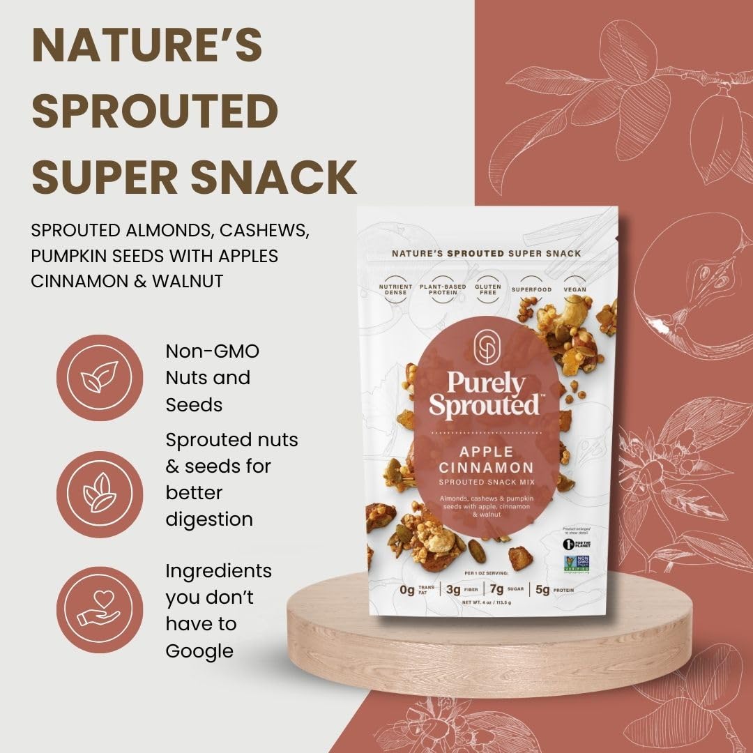 Purely Sprouted Apple Cinnamon Snack Mix - Almonds, Cashew Nuts & Pumpkin Seeds - Non-GMO, Plant-Based Protein, Gluten Free, Vegan, 4 oz