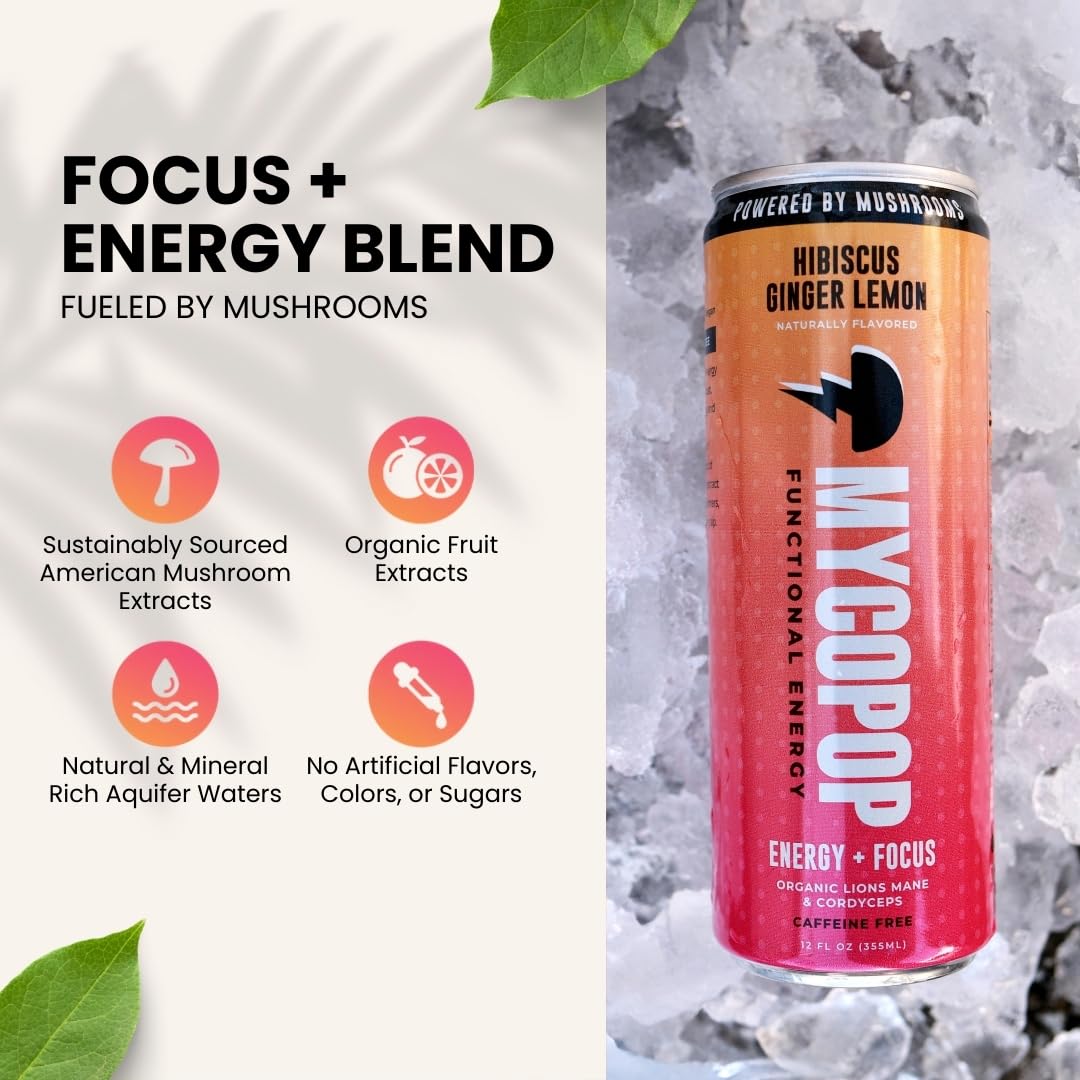Mycopop Functional Mushroom Energy Drink, Caffeine-Free, 25 Calories, with Lions Mane & Cordyceps, Hibiscus Ginger Lemon Flavor, 12 fl oz