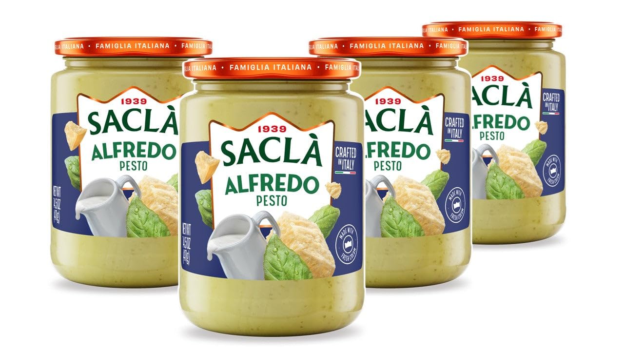 SACLA Alfredo Pasta Sauce with Basil Pesto 4-Pack | Creamy Italian White Pasta Sauce with Cheese & Basil | FOUR 14.5 oz Glass Jars | Imported from