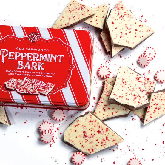 A Gift Inside CY Chocolates Handmade Dark and White Layered Peppermint Bark Tin for Christmas, Holiday Gift