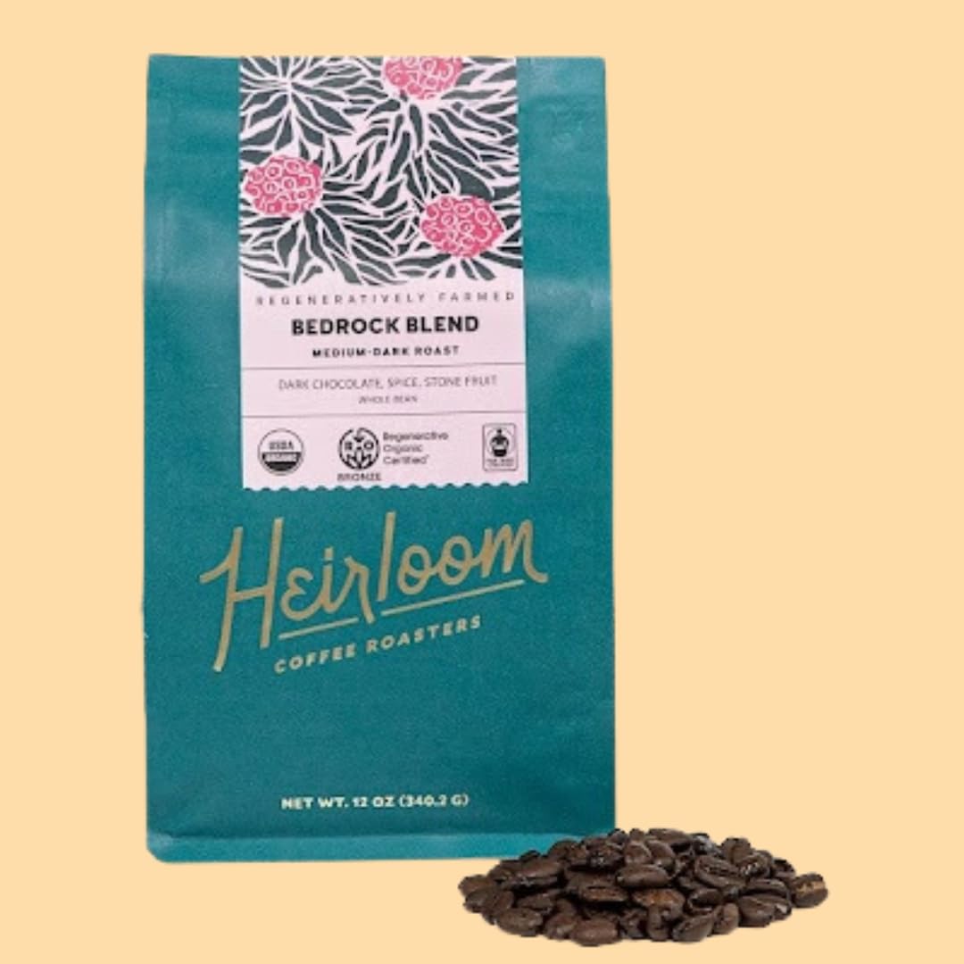 Heirloom Coffee Roasters - Bedrock Blend - Medium/Dark Roast - Whole Bean Coffee - 100% Regenerative Organic Certified, 12oz