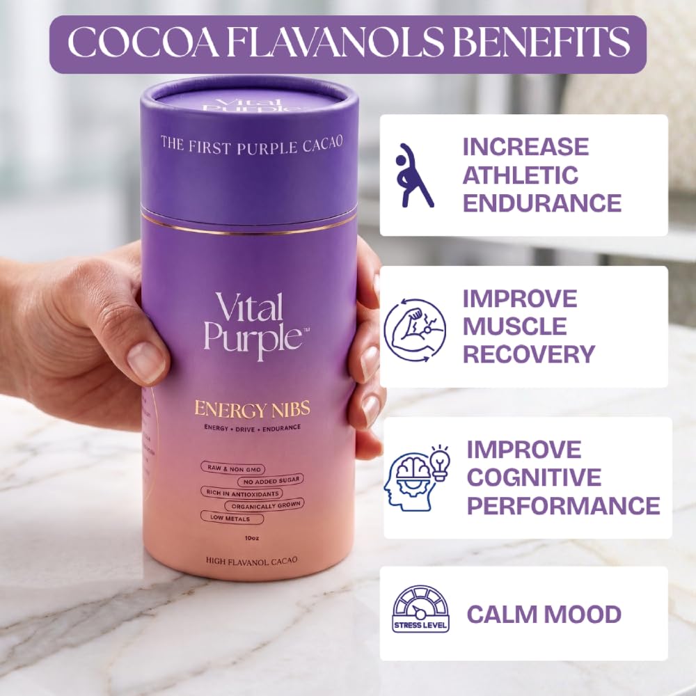 Vital Purple High Flavonal 100% Raw Cocoa Energy Nibs - 900mg Flavanols, Purple Cacao, Unroasted & Unfermented - Clean Fuel for Performance & Recovery (10 oz)