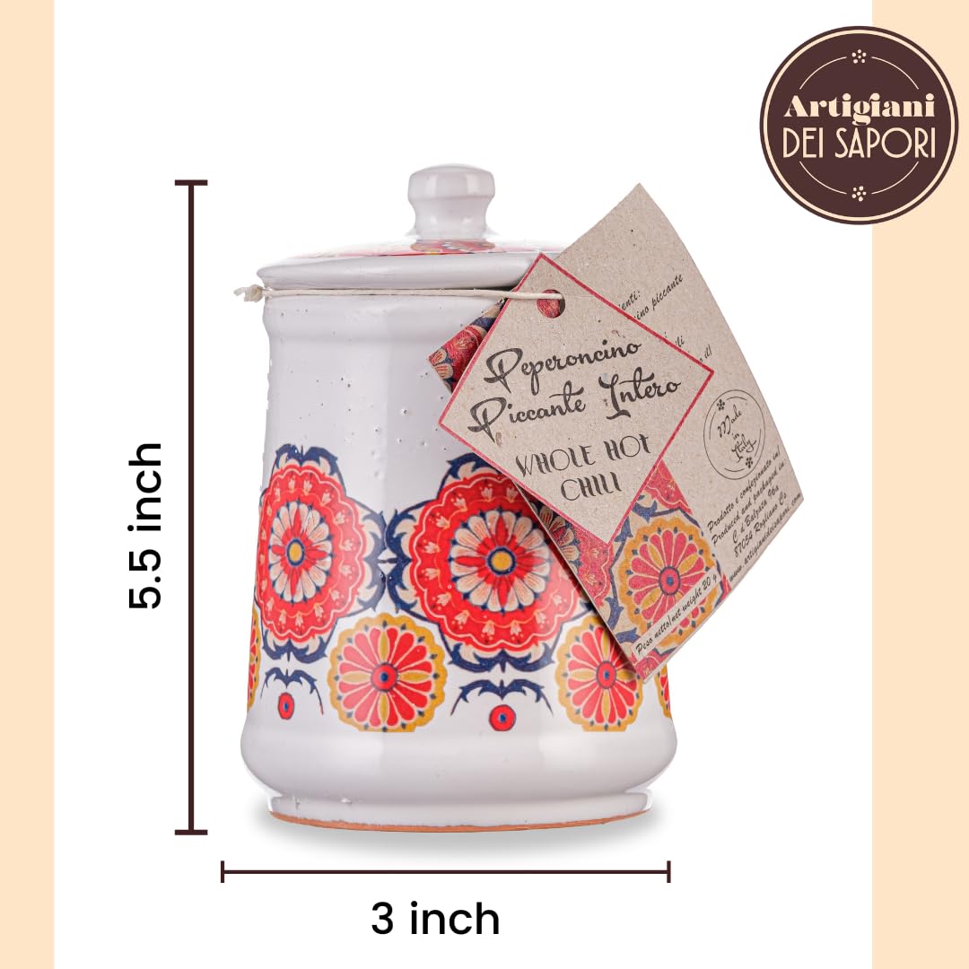 Dried Whole hot Chili Peppers in Italian Handmade Ceramic Jar, Herb, Spice & Seasoning Gifts, ARTIGIANI DEI SAPORI, Product of Italy, Net Weight 0.7