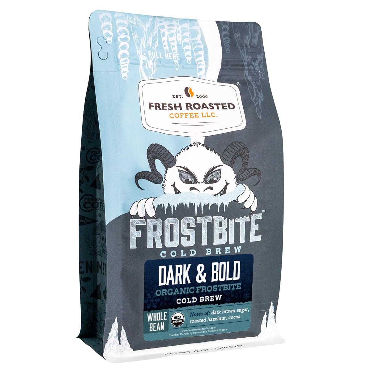 Fresh Roasted Coffee, Organic Dark & Bold Frostbite Cold Brew Whole Bean Coffee, Dark Roast, USDA Organic, Kosher, 12 oz