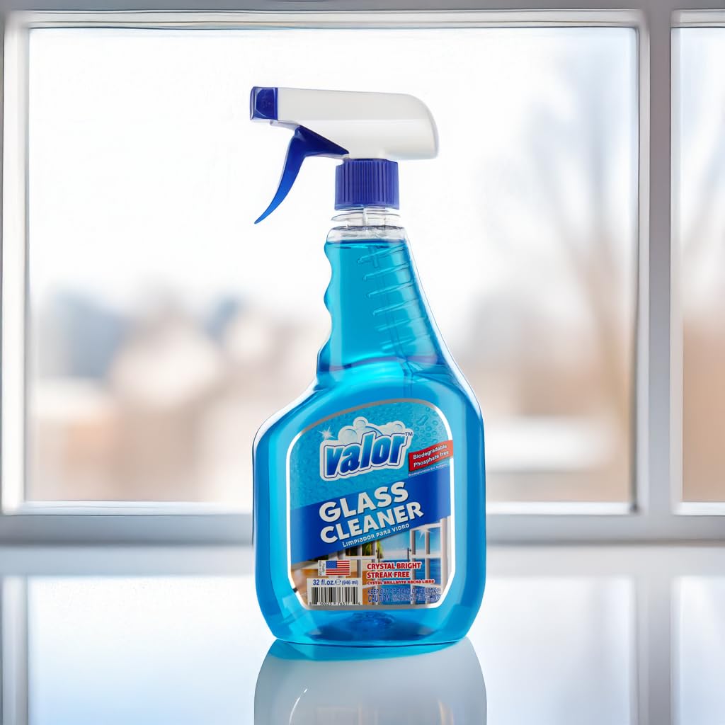 Valor Glass Cleaner Trigger Sprayer - Streak-Free Shine for Glass & Mirrors, 32 fl oz (32 Fl Oz (Pack of 1))