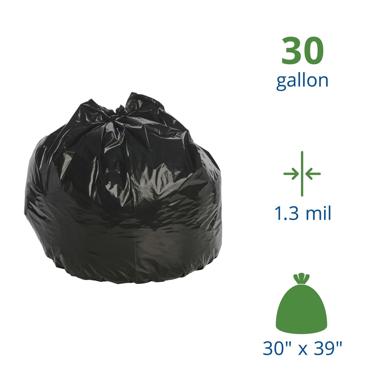 Stout by Envision 30 Gallon Heavy Duty Total Recycled Content (TRC) Trash Bags, X-Heavy 1.3 Mil Plastic, 30% PCM, 100 Bags, 30"x39" (T3039B13)