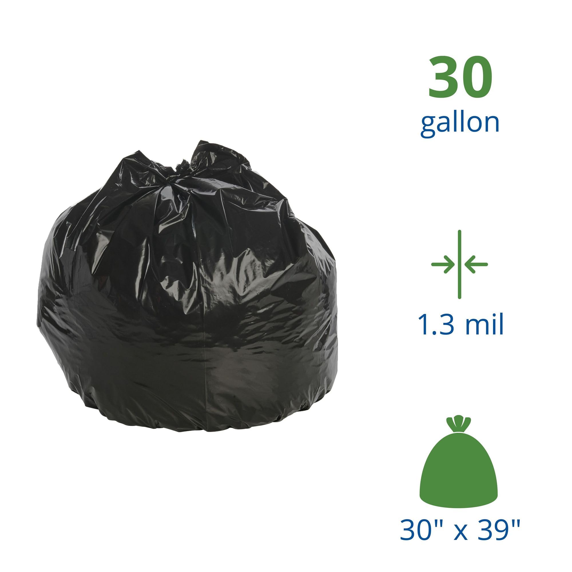 Stout by Envision 30 Gallon Heavy Duty Total Recycled Content (TRC) Trash Bags, X-Heavy 1.3 Mil Plastic, 30% PCM, 100 Bags, 30"x39" (T3039B13)