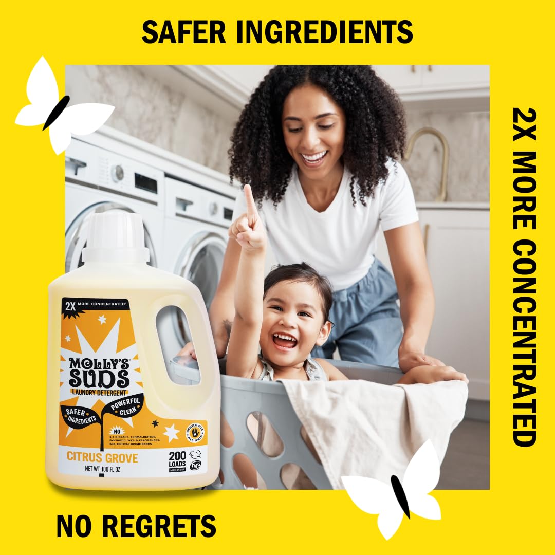 Molly's Suds Liquid Laundry Detergent | Clean Laundry Detergent Soap for Sensitive Skin | 2x Concentrated, High Efficiency (HE) | Citrus Grove - 100