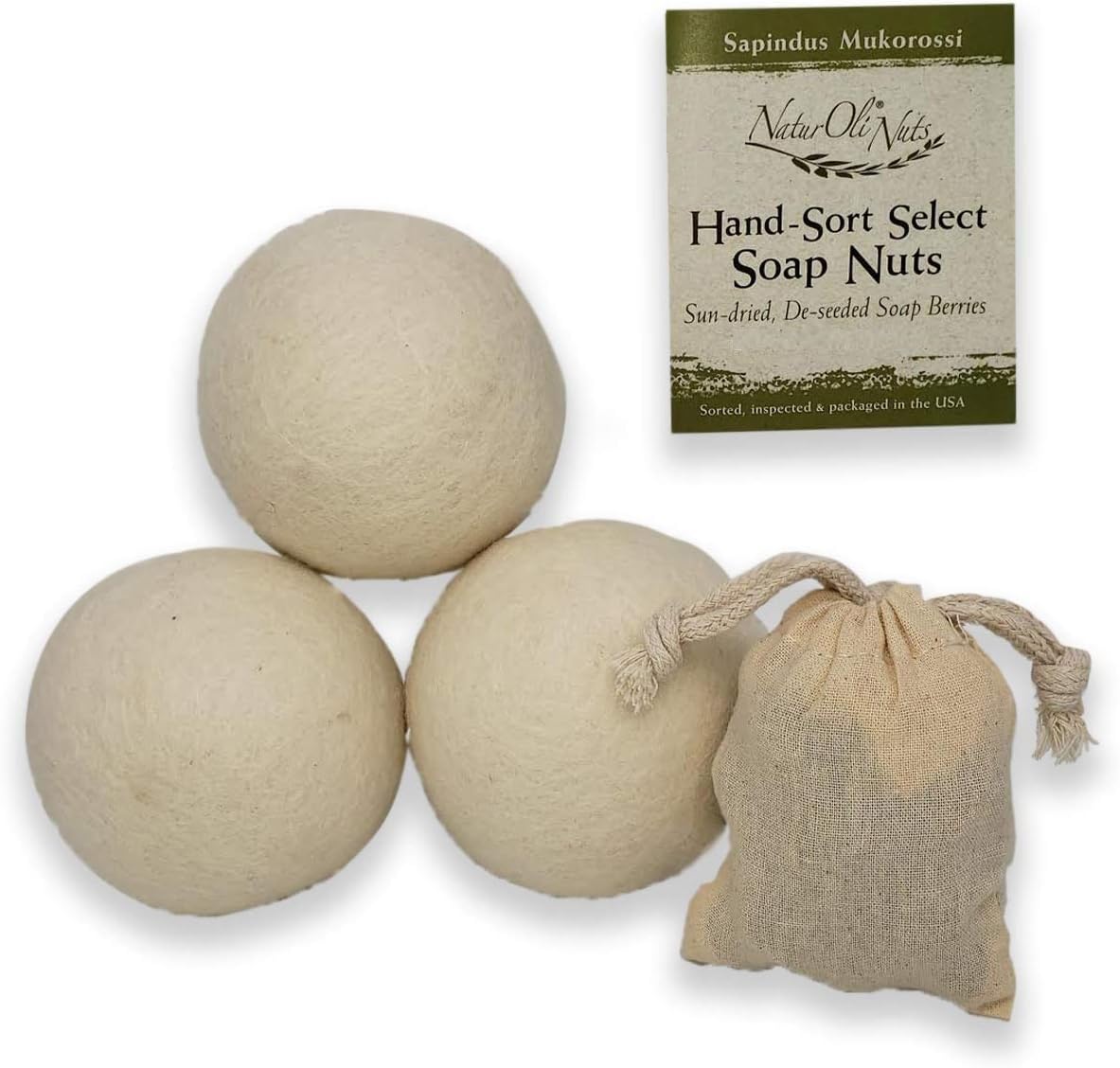 NaturOli Jumbo Wool Dryer Balls 3-Pack with Soap Nuts Sampler (23+ Loads)