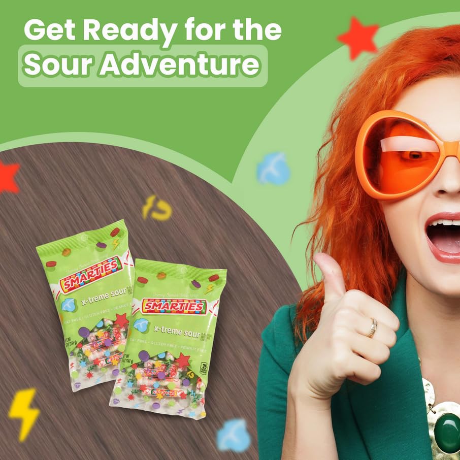Smarties X-treme Sour Candies - Gluten Free, Peanut Free, Dairy Free Extra Sour Candy - Perfect for Parties, Candy Mixes, & Halloween - Made by US